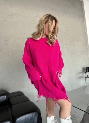 Женская туника розовая рванка стильная теплая тренд сезона длинный свитер3 фото