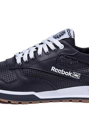 Мужские кожаные летние кроссовки из натуральной кожи, перфорация reebok classic black *r-02 черн перф*7 фото