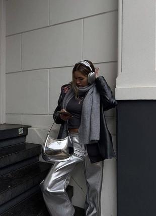 Шкіряні штани брюки металік срібні з високою посадкою вільного прямого крою кльош модні4 фото