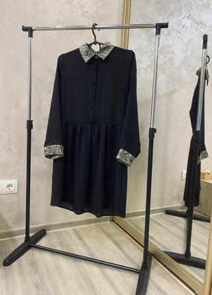 Zara в наличии женское шифоновое платье размер xs/s черное платье с воротником на длинном рукаве нарядное маленькое стильное zara2 фото