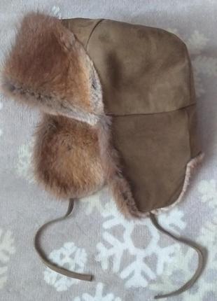 Шапка ушанка из натуральной замши и меха