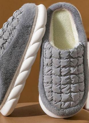Серые домашние тапочки тапки теплые зимние на меху мужские женские