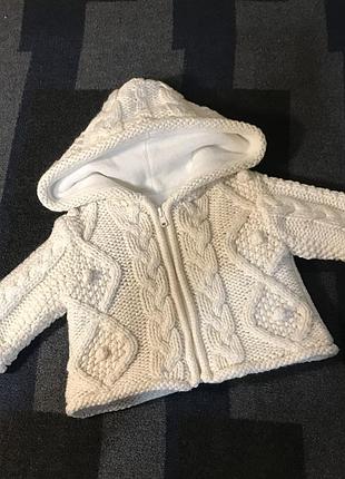Тепла бежева в’язана кофта на флісі 0-3 місяці заміри на фото