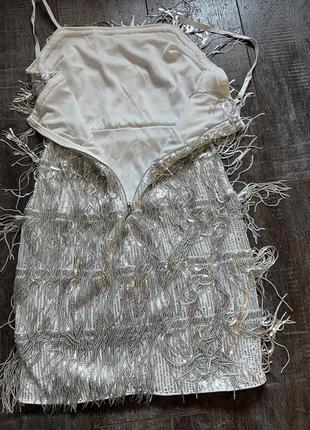 Вечернее серебряное платье с серебряными нитями, травка, с бахромой на бретельках, платье праздничное6 фото