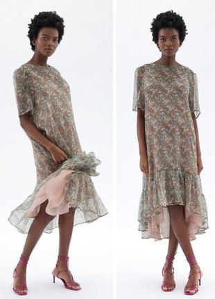 Шифоновое платье оверсайз zara с воланом миди в цветочный принт платья из тюли