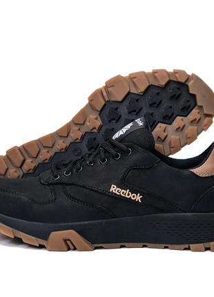 Осінні чоловічі шкіряні кросівки reebok (рібок) чорні зручні з натуральної шкіри *r-01 черн а*