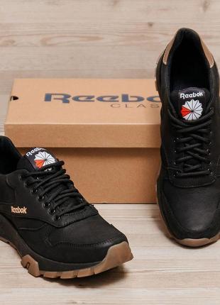 Осінні чоловічі шкіряні кросівки reebok (рібок) чорні зручні з натуральної шкіри *r-01 черн а*