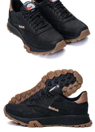 Осінні чоловічі шкіряні кросівки reebok (рібок) чорні зручні з натуральної шкіри *r-01 черн а*