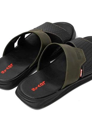 Летние мужские кожаные шлепанцы/шлепки levis черный/хаки повседневные из натуральной...