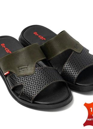Летние мужские кожаные шлепанцы/шлепки levis черный/хаки повседневные из натуральной...