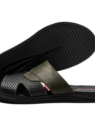 Летние мужские кожаные шлепанцы/шлепки levis черный/хаки повседневные из натуральной...