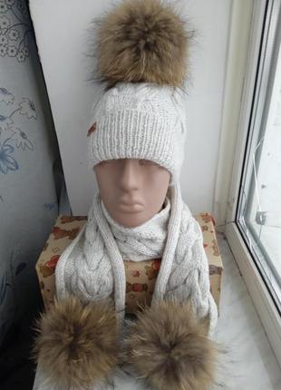 Зимний комплект шапка шарф натуральный балабон ручная работа1 фото