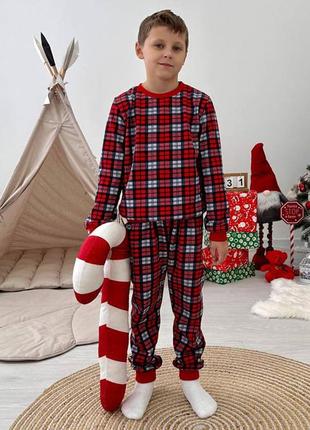 Теплая пижама детская клетка, начес, 104-146 см
