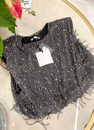 Топ з бахромою бісером італія сірий