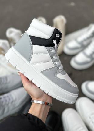 Кроссовки женские зимние серые белые черные теплые высокие на платформе на шнурках мех кожаные