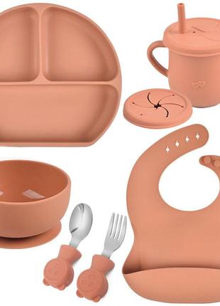 Набор посуды y27 трехсекционная тарелка,поильник,ложка вилка металлические,слюнявчик коричневый v-11183