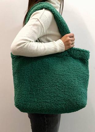 Женская трендовая большая зеленая сумка барашек, мех тедди, белый шоппер а42 фото