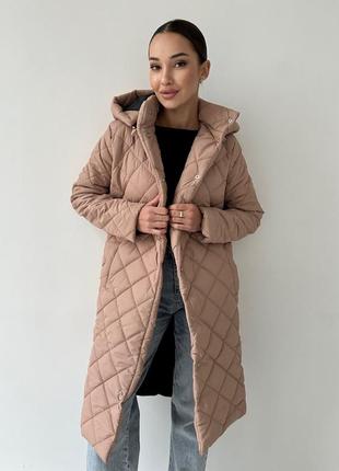Пальто куртка женское теплое зимнее на зиму базовое с капюшоном утепленное черное бежевое коричневое пуховик батал длинное с поясом стеганое10 фото