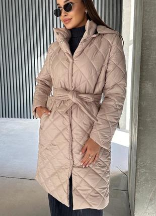 Пальто куртка женское теплое зимнее на зиму базовое с капюшоном утепленное черное бежевое коричневое пуховик батал длинное с поясом стеганое5 фото