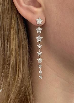 Пусети срібні 925 проби покриття родій, цирконії , зірочки , звездочкі , довгі длинные вечірні сережки гвоздики вкрутка