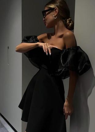 Элегантное женственное платье мини свободного кроя с короткими свободными рукавами органза костюмка черная2 фото