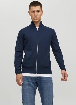 Трикотажна чоловіча кофта/светр/олімпійка з горловиною на застібці в темно-синьому кольорі від бренду jack&jones