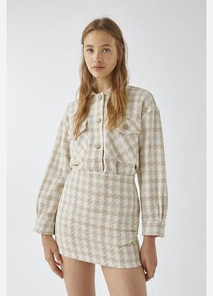 Мини юбка клетка твидовая бежевая молочная белая гуся лапка pull & bear h&m zara reserved