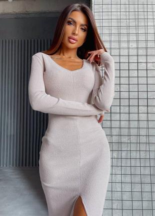Сукня міді з ангори в рубчик з довгими рукавами розрізом по ніжці приталена по фігурі...