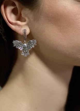 Женские серебряные серьги "совы" черновини