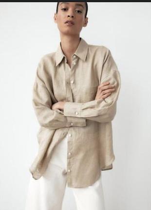 Бежева сорочка оверсайз  з льону з нових колекцій zara