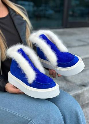 Синие цвета электрик ботинки с опушением из норки6 фото