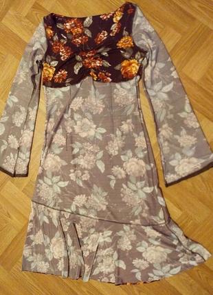 Piu & piu италия винтажное платье миди стречевое коричневое с цветочным рисунком5 фото