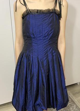Синя сукня тюльпан на бретелях р.46 тканина - тафта синя жата темна