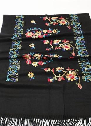 Черный женский шарф шерстяной индийский палантин теплый с вышивкой 200*70 см нежный7 фото