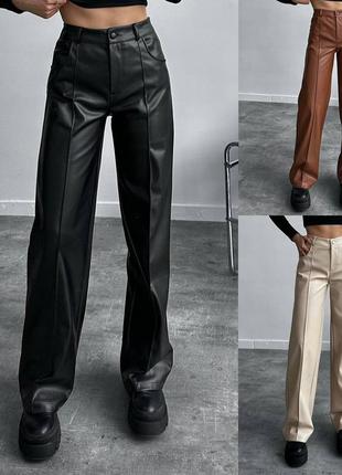 Классические кожаные брюки брюки прямого кроя на высокой посадке с декоративными швами эко-кожа на флисе5 фото