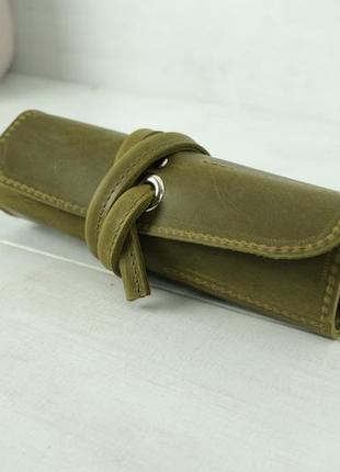 Кожаный пенал "скрутка на 6 кармана", натуральная винтажная кожа, цвет оливковый1 фото