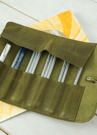 Кожаный пенал "скрутка на 6 кармана", натуральная винтажная кожа, цвет оливковый5 фото