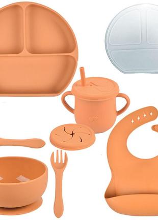 Набор силиконовой посуды y25 трехсекционная тарелка с крышкой,поильник,ложка вилка,слюнявчик оранжевый n-11122