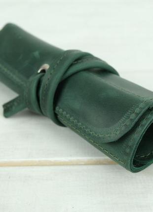 Кожаный пенал "скрутка на 6 кармана", натуральная винтажная кожа, цвет зеленый1 фото