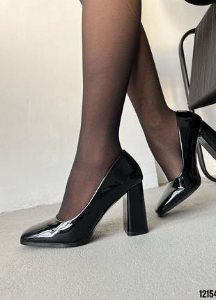 Черные лакированные лаковые туфли на высоком толстом каблуке с квадратным носом лак1 фото