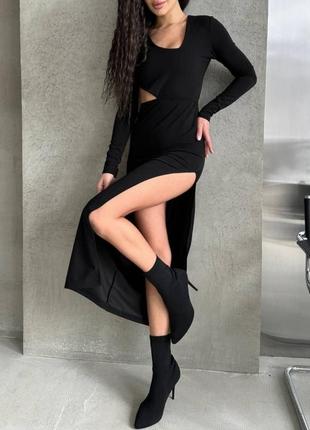 Черное платье миди с вырезами и разрезом на ножке🖤2 фото