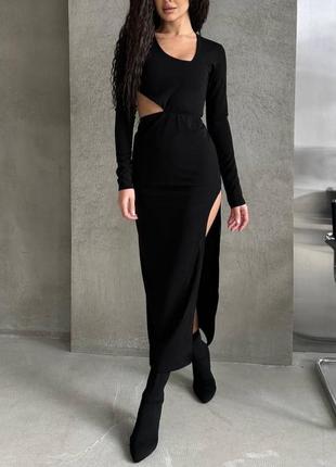 Черное платье миди с вырезами и разрезом на ножке🖤3 фото