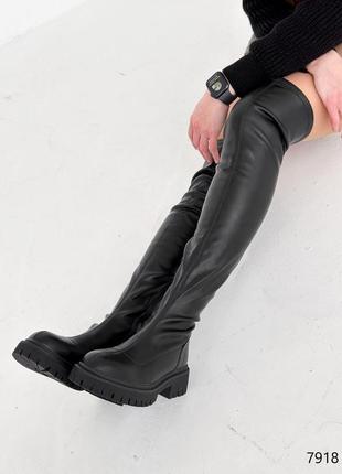 Стильні чорні зимові ботфорти без підборів,чоботи високі жіночі з еко шкіри,з хутром на зиму6 фото