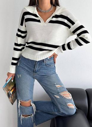 Жіночий укорочений светр у смужку 🖤🖤🖤
