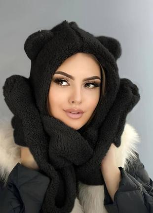 Теплий комплект шапка зимова з вушками хутряна тедді шарф рукавиці рукавички теплий7 фото