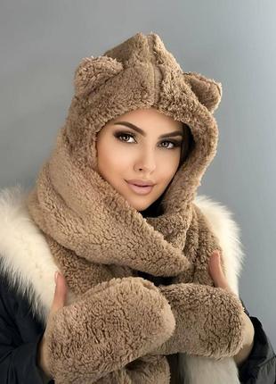 Теплый комплект шапка зимняя с ушками меховая тедди шарф перчатки теплый