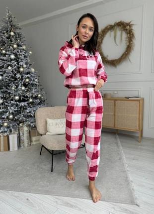 Do3251/1 тепла флісова піжама в клітинку з каптуром