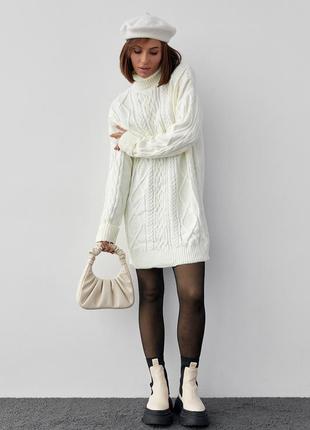 Женская вязаная туника с высоким воротником и косичками, платье вязаное, теплый свитер7 фото
