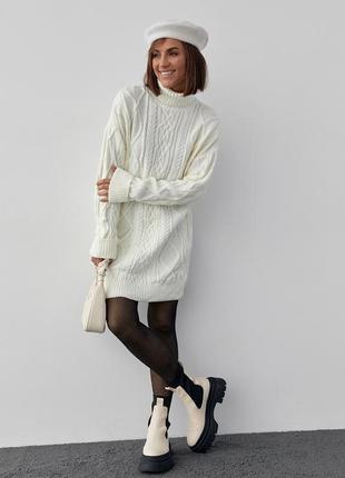 Женская вязаная туника с высоким воротником и косичками, платье вязаное, теплый свитер3 фото