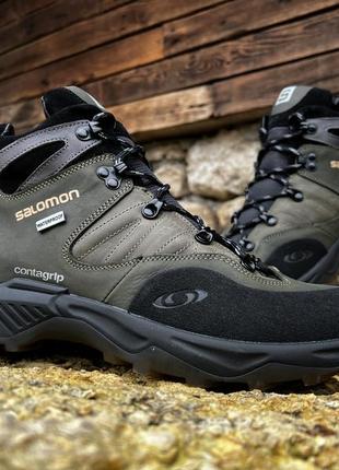 Спортивные кожаные ботинки, кроссовки термо salomon contagrip gore-tex olive